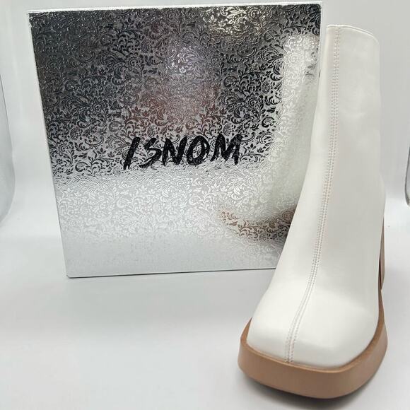 ISNOM Boots Womens 7 White Chunky Heel Platform Square Toe Boots NEW - Picture 8 of 12